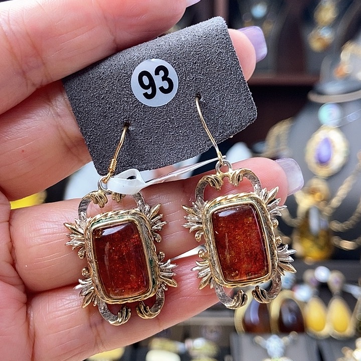 琥珀耳饰银S925镶嵌耳环