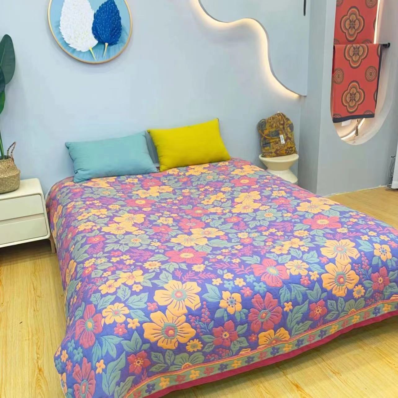 （彩色花朵）200*230cm 多层纯棉纱布床盖