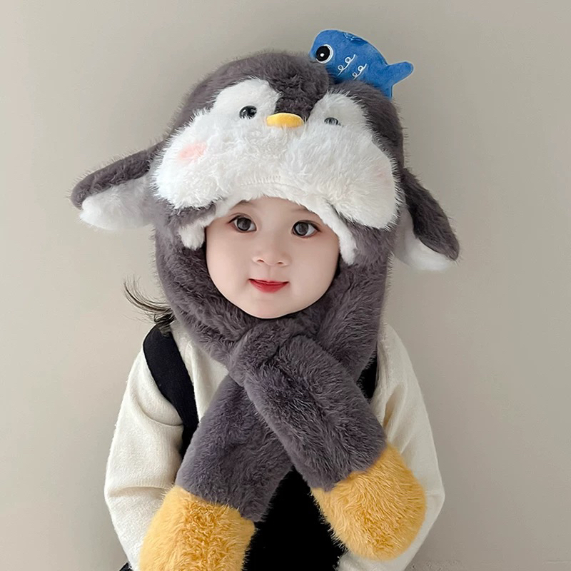 儿童可爱企鹅毛绒帽子围巾一体男女宝宝冬季保暖加绒加厚护耳东北