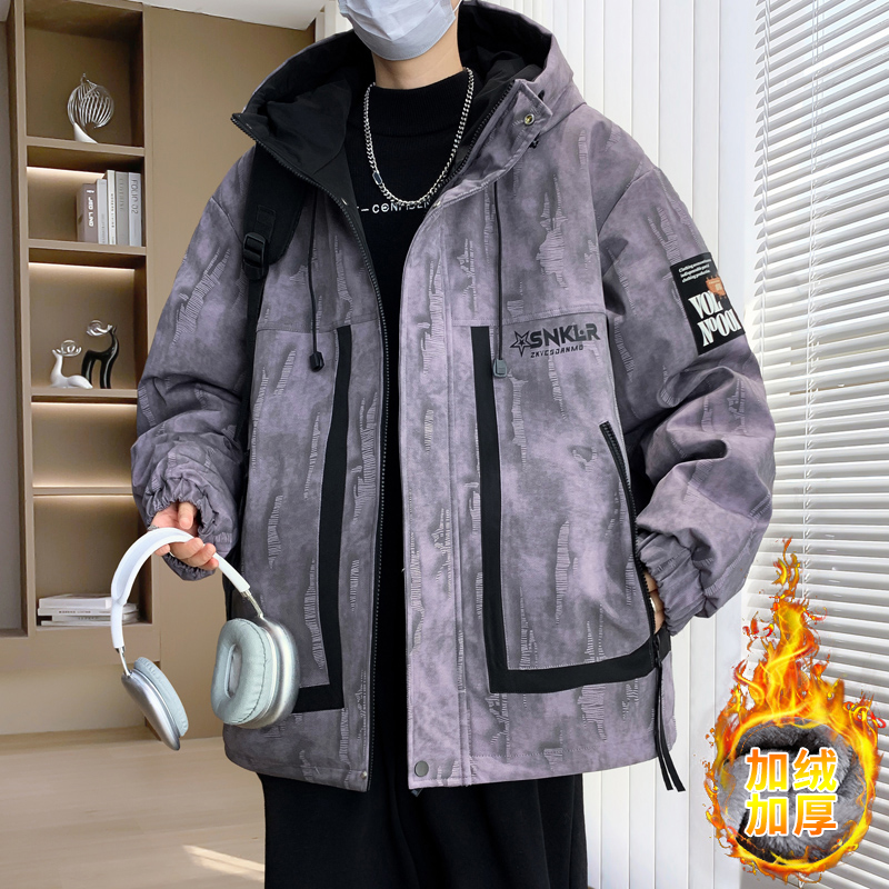 外套男冬季潮流加绒加厚连帽休闲夹克青少年学生保暖男孩子棉衣服