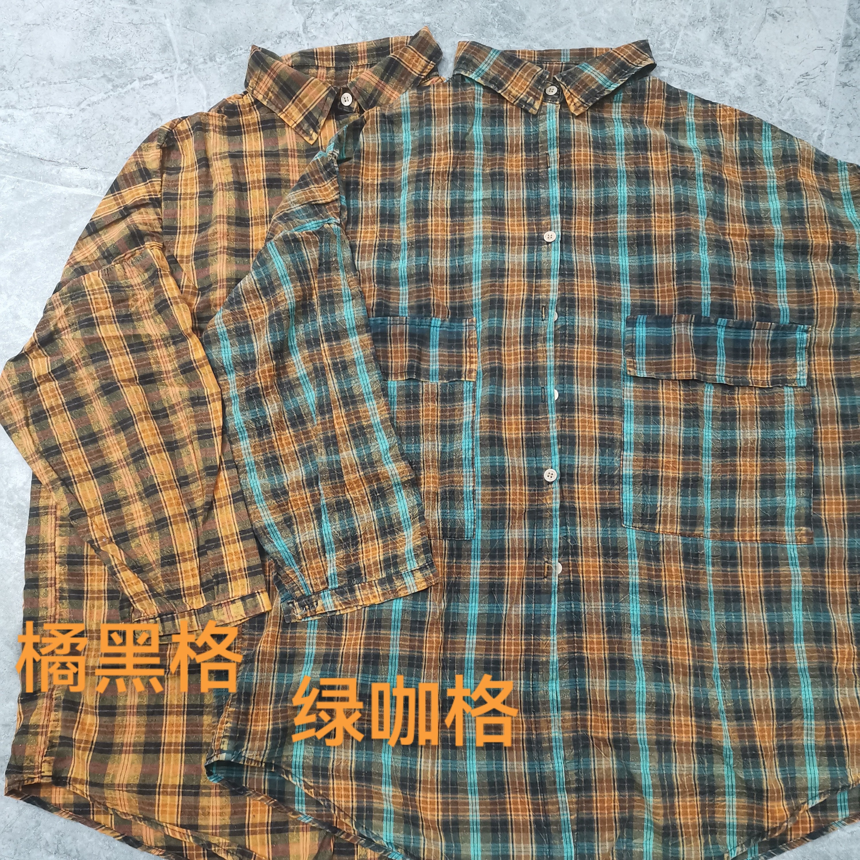 122早秋新款复古做旧麻棉格子休闲衬衣；衣长83胸围140.