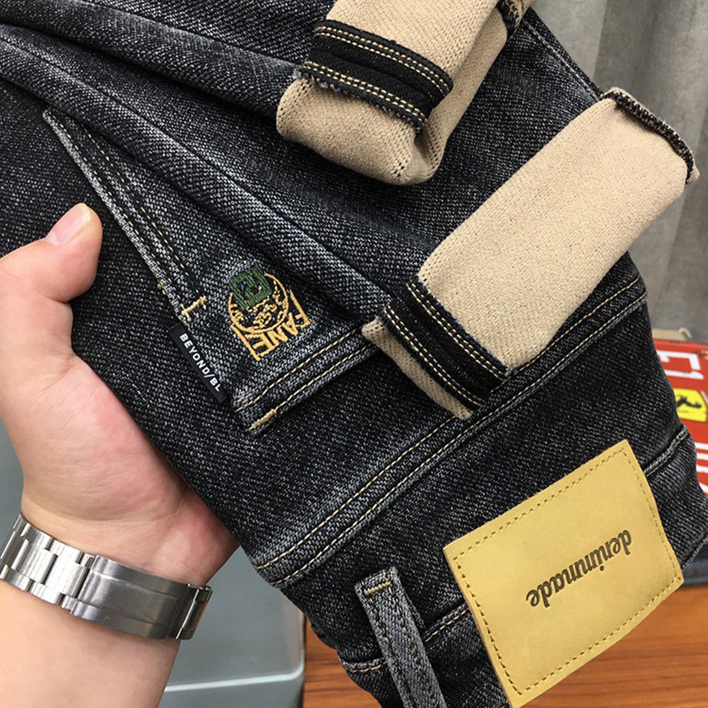 保暖高端加绒牛仔裤男冬季复古抓绒弹力修身小脚磨毛长裤