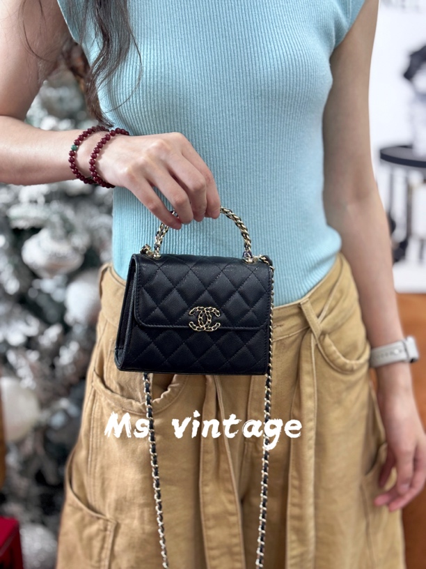 99新 Chanel/香奈儿 香奈儿黑金25s交叉手柄荔枝牛Kelly（芯片）