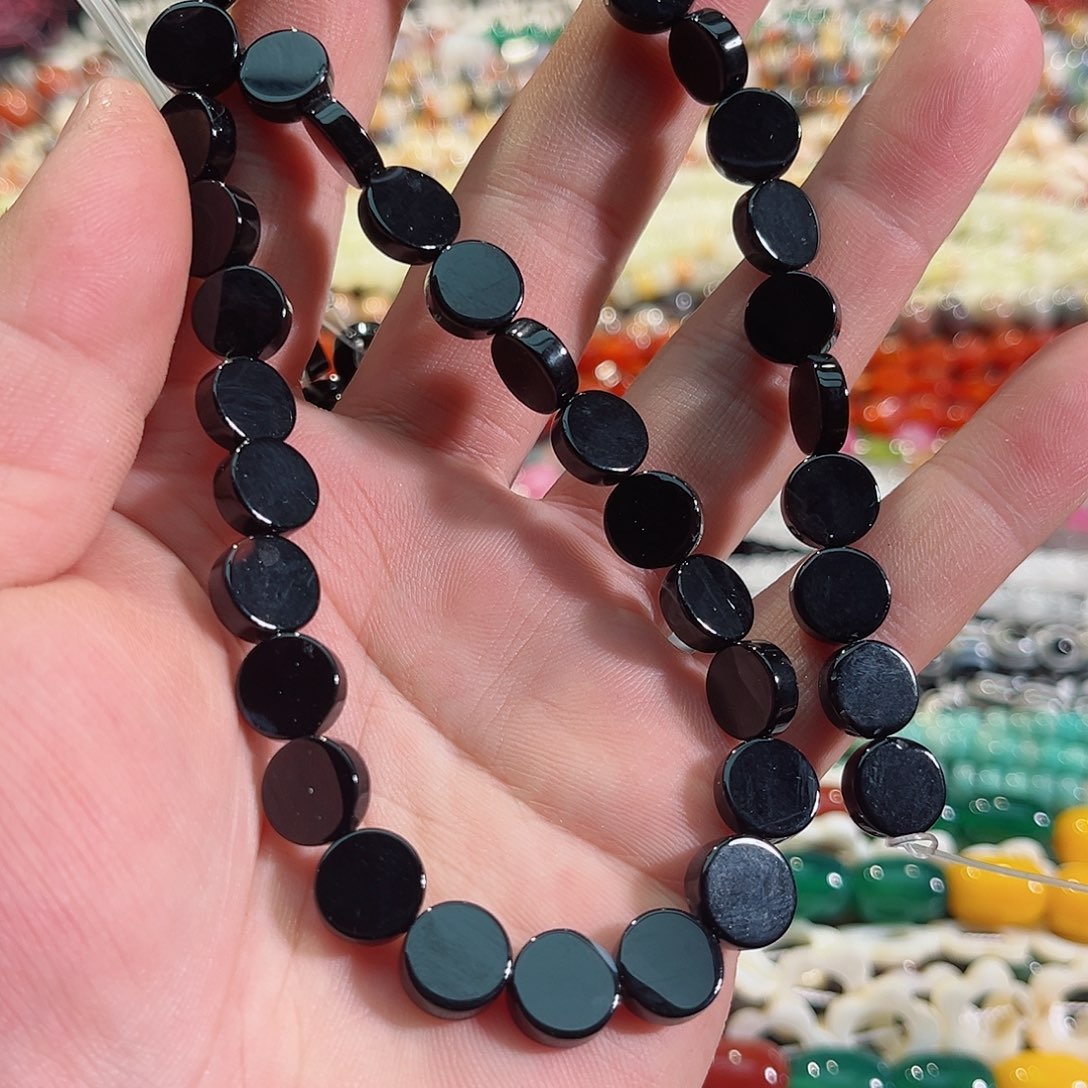 玛瑙/玉髓未镶嵌珠宝半成品黑玛瑙圆饼一条10mm