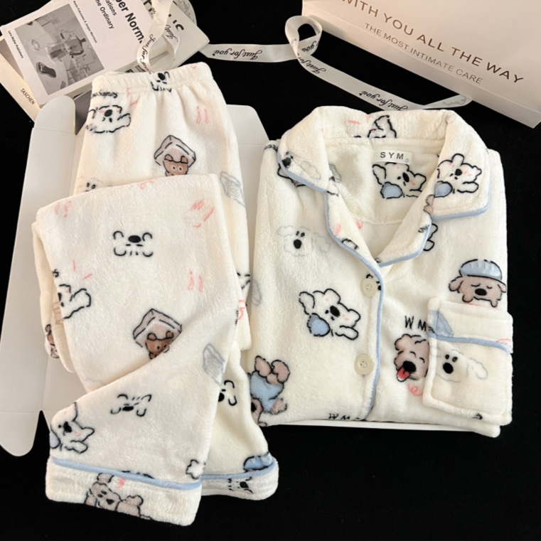 【考拉】秋冬睡衣法兰绒加厚卡通可爱女士蓄热保暖毛绒绒大码家居服