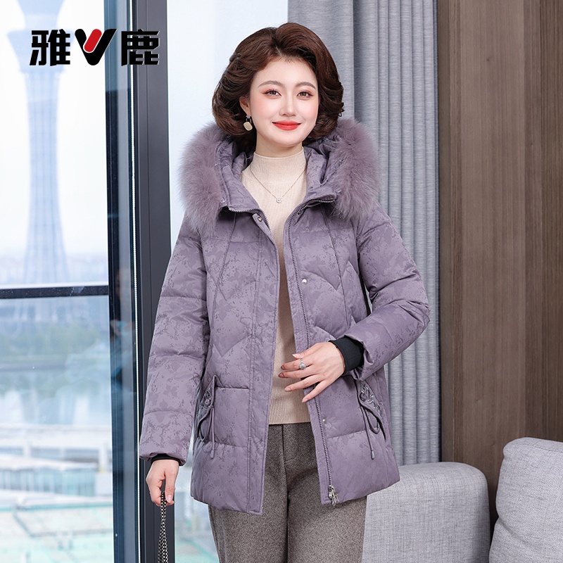 雅鹿羽绒服女中长款冬季加厚鸭绒宽松上衣保暖连帽妈妈装外套3038