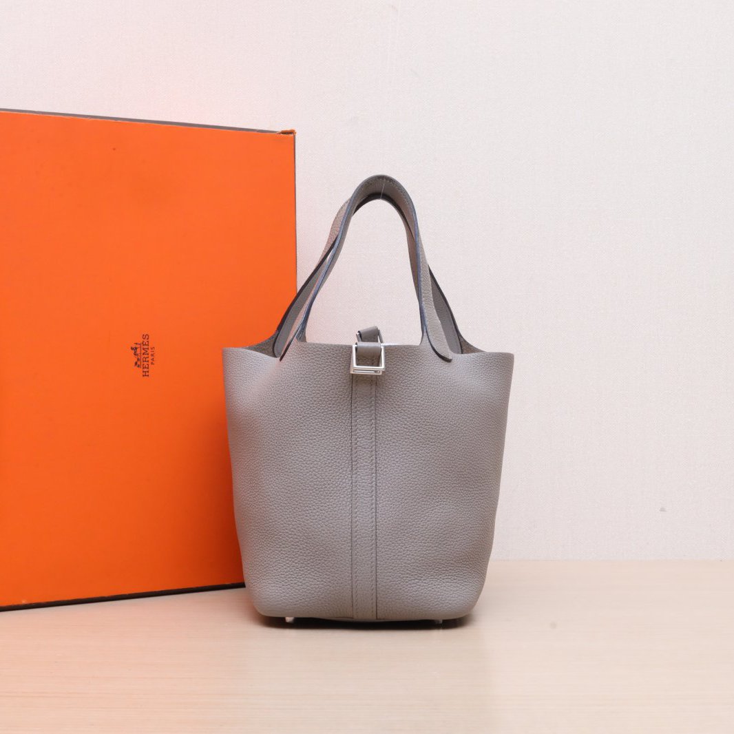 95新 Hermes/爱马仕 小花黑黑18 菜篮子 斑鸠灰 TC皮 D刻 包