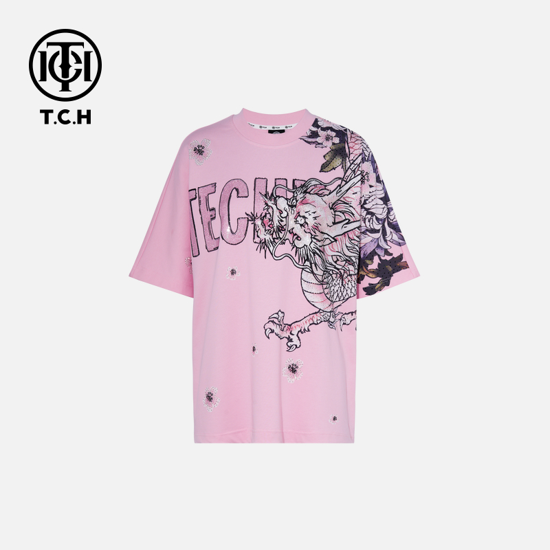 TCH轻奢烫钻工艺时尚休闲百搭舒适粉色T恤女T75B10E6006私服tch