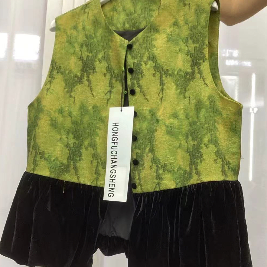 （拼接丝绒无袖马甲提花民族风植物花百搭马夹绿色迷彩无袖时尚