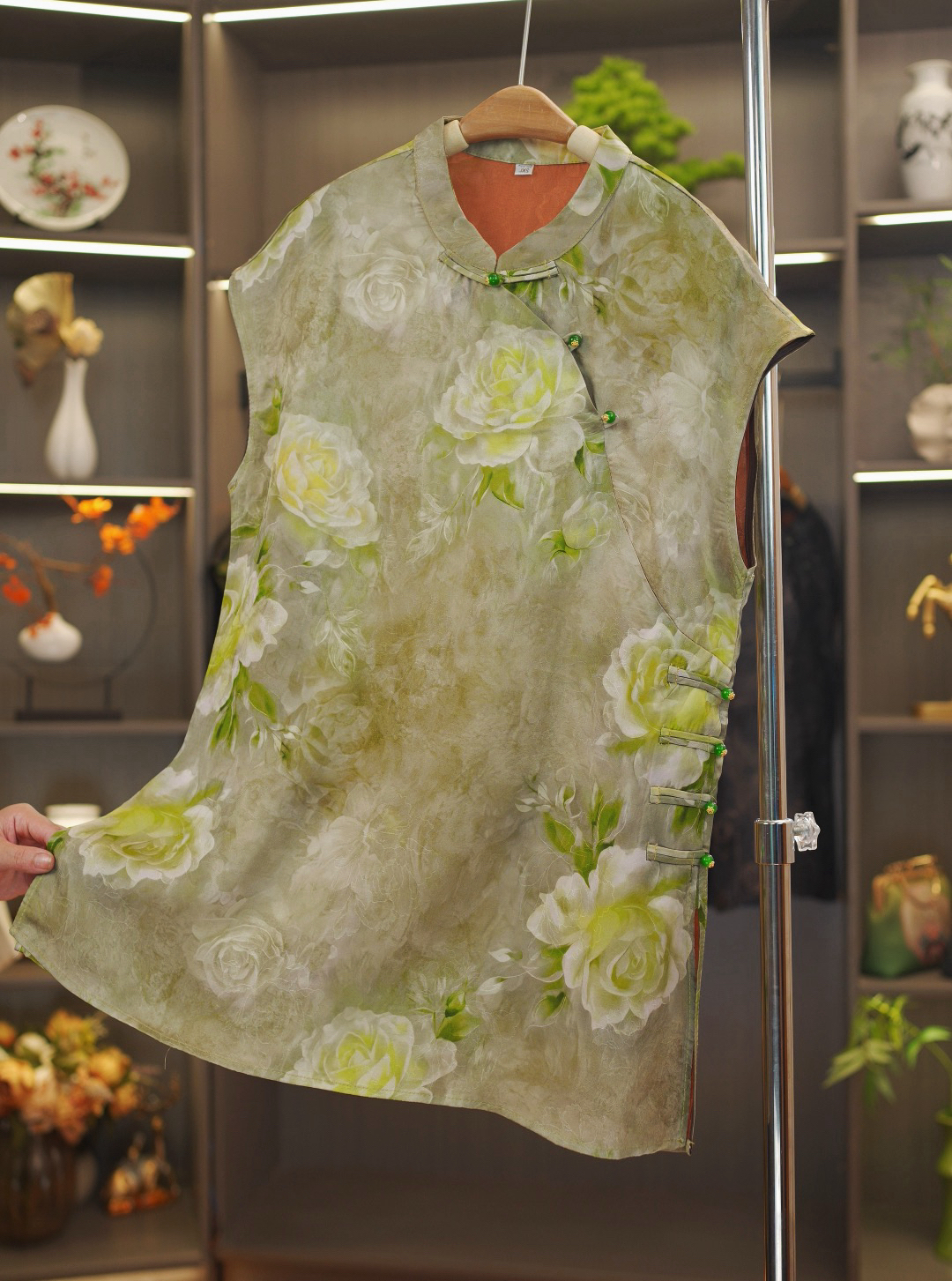 栀子花开   重磅老料！3D工艺栀子花定制清平果绿色中式中长款上衣
