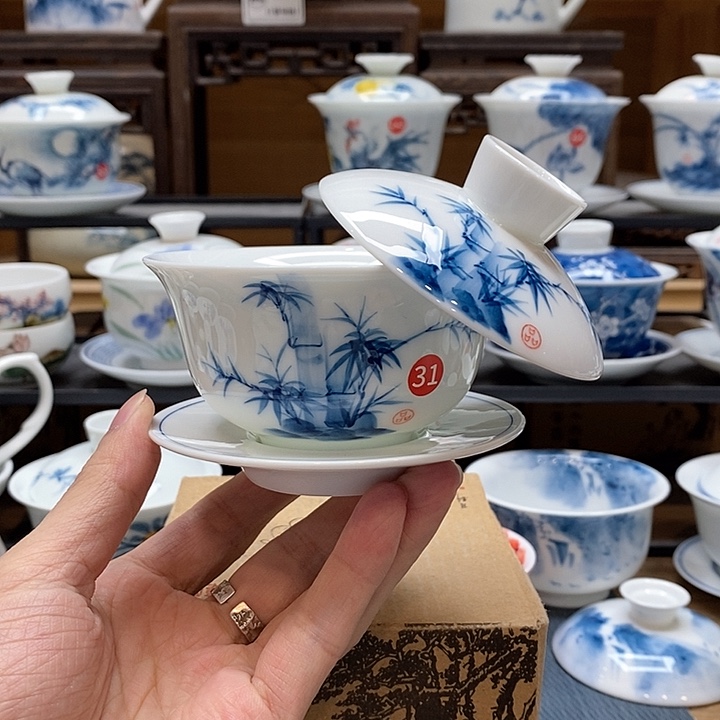 手绘竹子盖碗150cc悬停釉下彩微瑕福利款