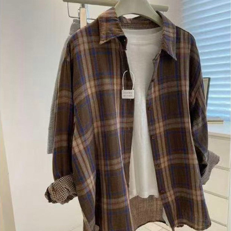 复古宽松百搭慵懒风长袖格子衬衫上衣女秋季新款宽松学院风衬衣女