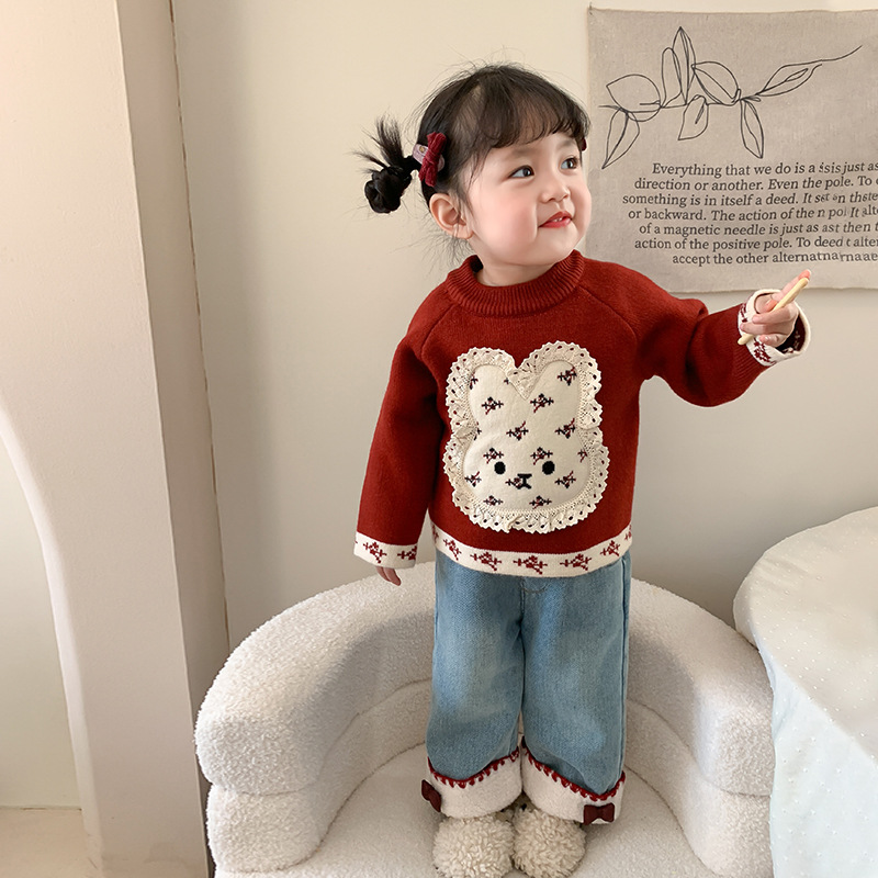 女童毛衣秋冬款年服洋气宝宝针织上衣加绒加厚婴幼儿童打底衫冬装