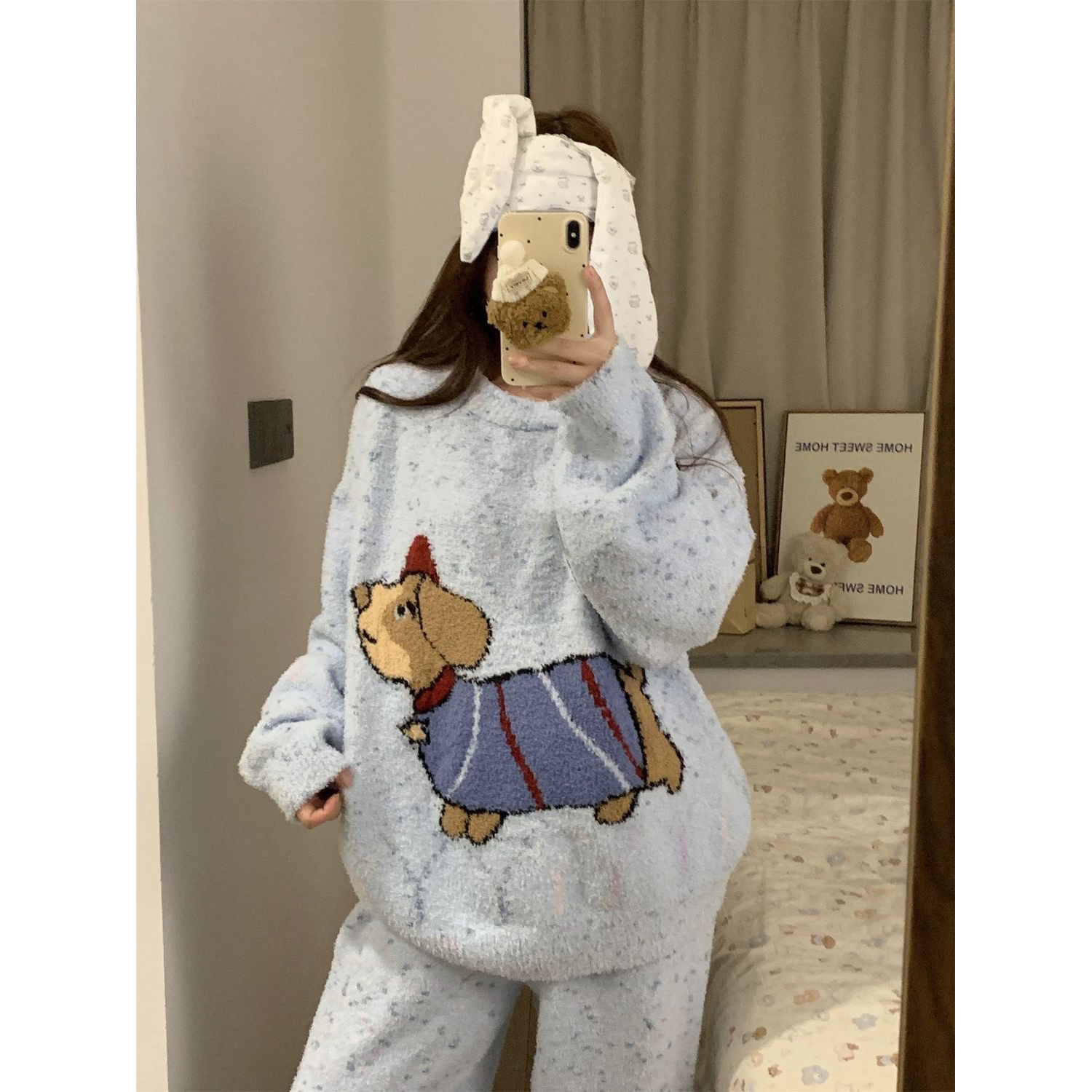 软萌可爱半边绒睡衣女2025年秋冬季新款珊瑚绒家居服加厚保暖套装