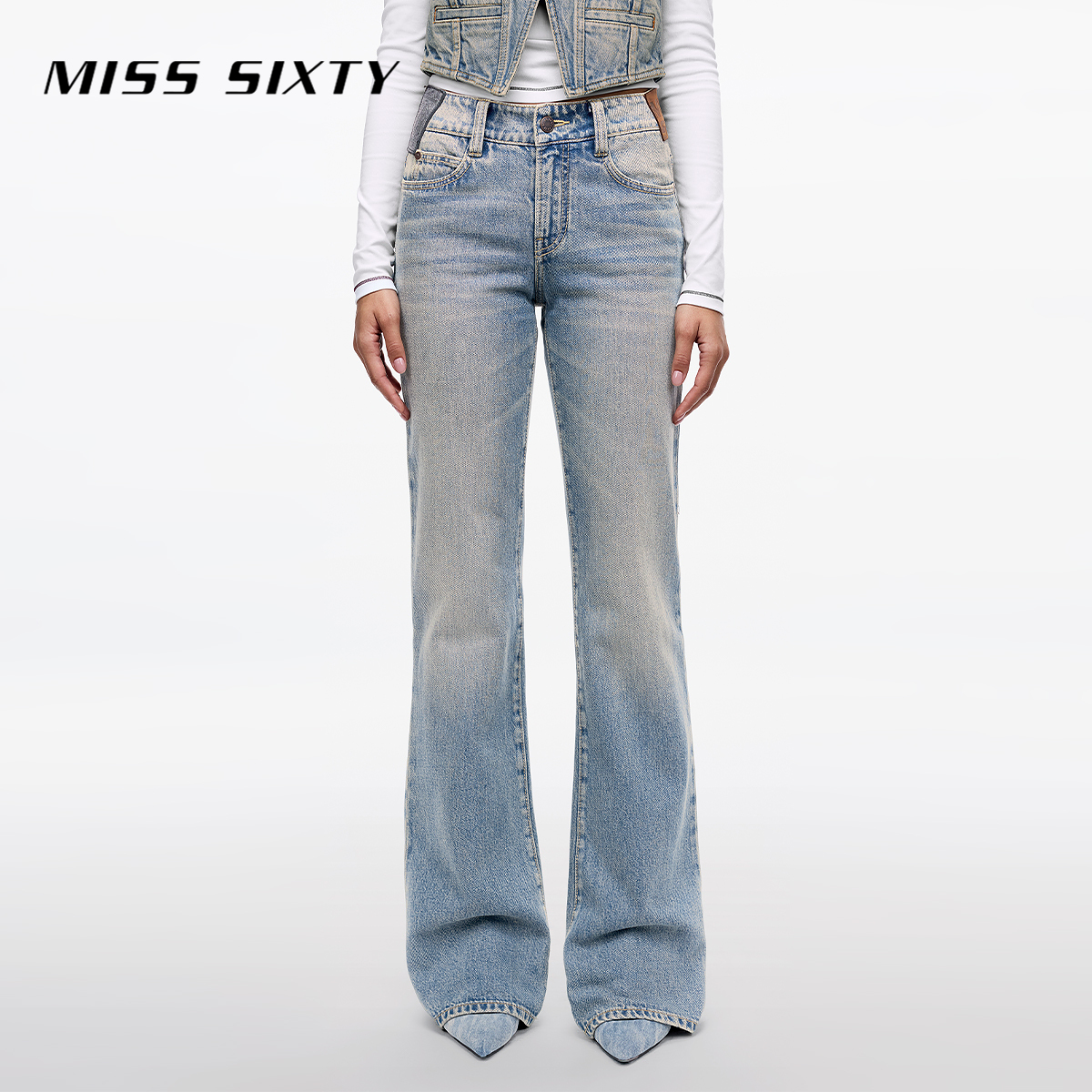 Miss Sixty2025春季新款牛仔裤女微喇叭复古做旧洗水多皮牌显瘦