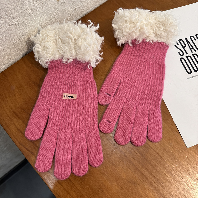毛绒边手套女新款韩版针织保暖五指分开可触屏