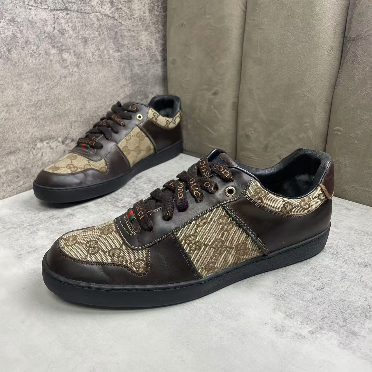 95新 GUCCI/古驰 棕色皮革乌木色双G时尚百搭低帮板鞋/42码