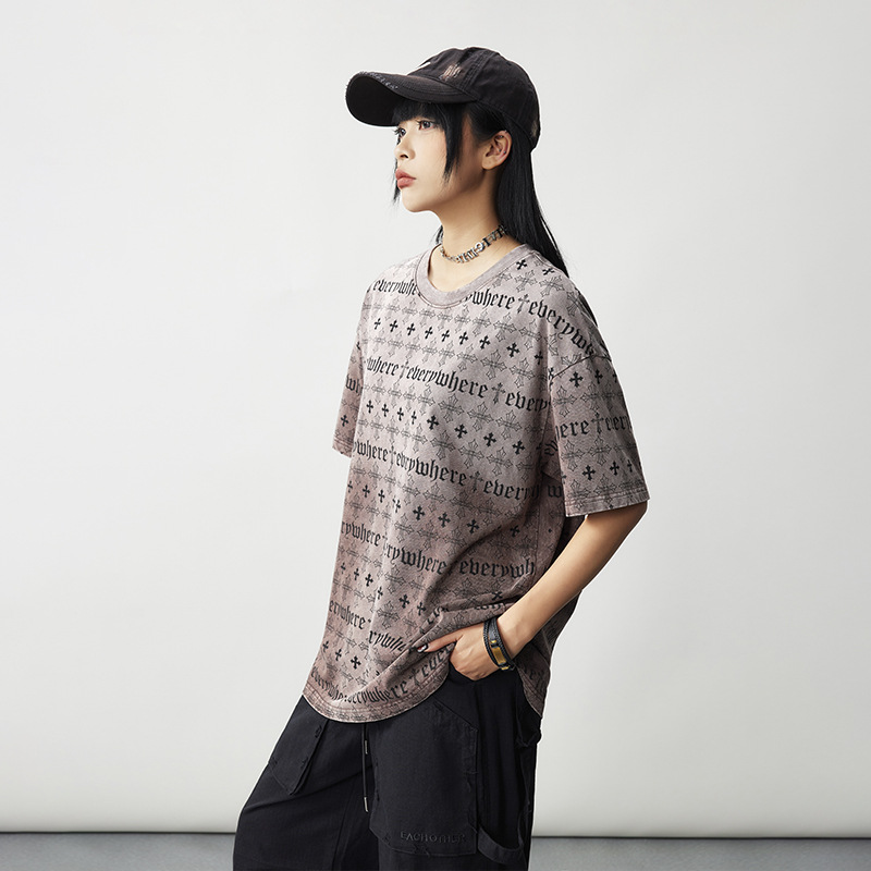 夏装新品炒色复古印花短袖t恤女潮牌宽松做旧休闲上衣X50333