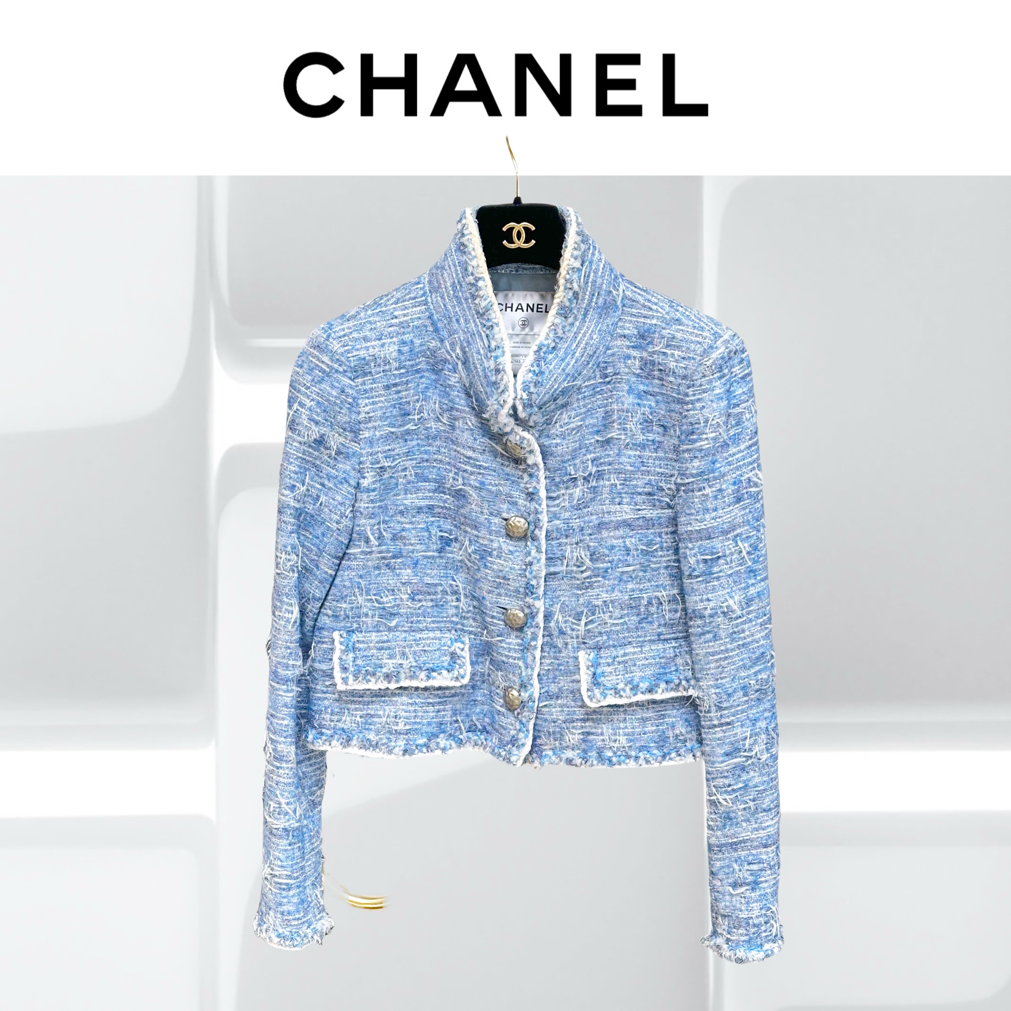 99新 Chanel/香奈儿 38码蓝色立领粗花呢长袖短款外套