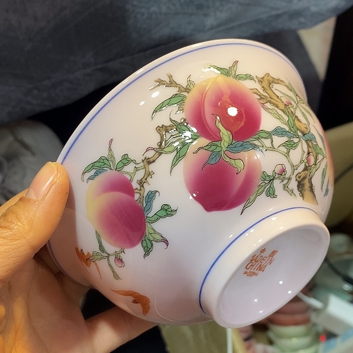 摆件陶5寸红稀土寿桃碗