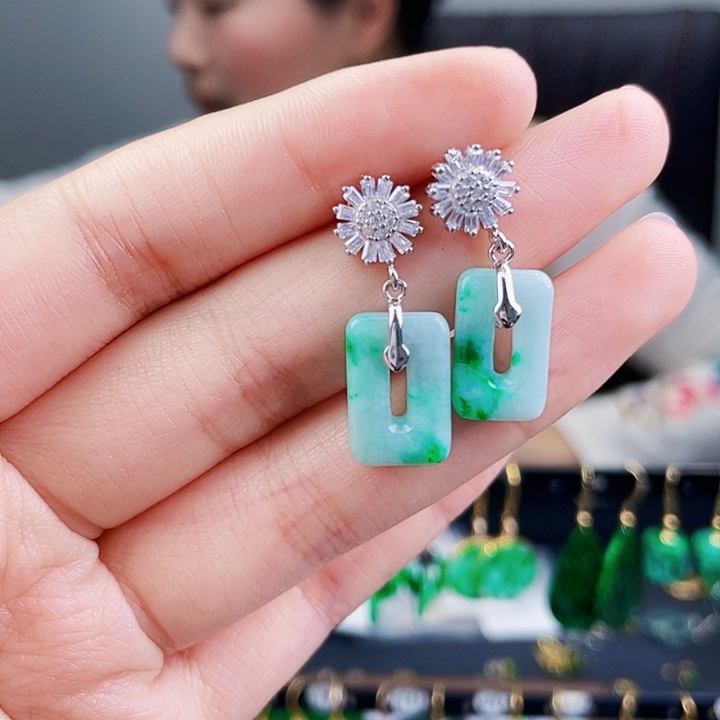 翡翠耳饰银S925镶嵌饰品