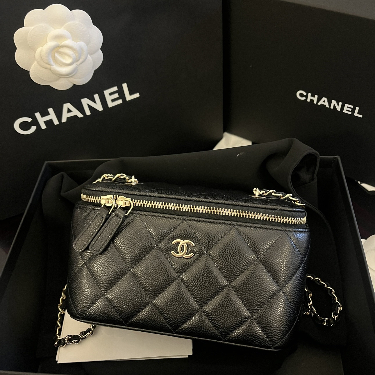 99新 Chanel/香奈儿 黑金荔枝盒子单肩包/6n0l