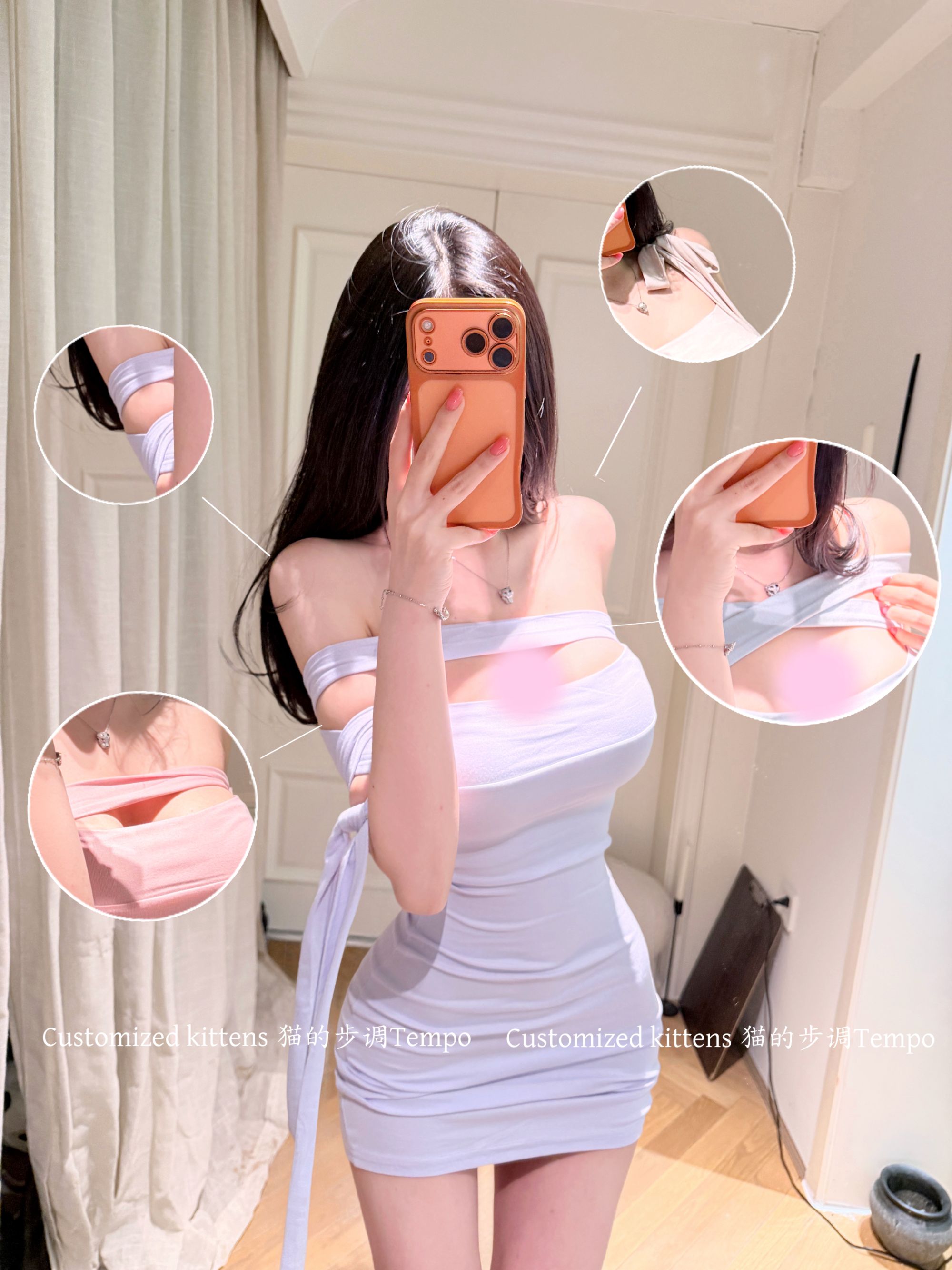 猫咪【少女魔法】韩版莫兰迪纯欲辣妹性感显身材露肩系带包臀连衣裙