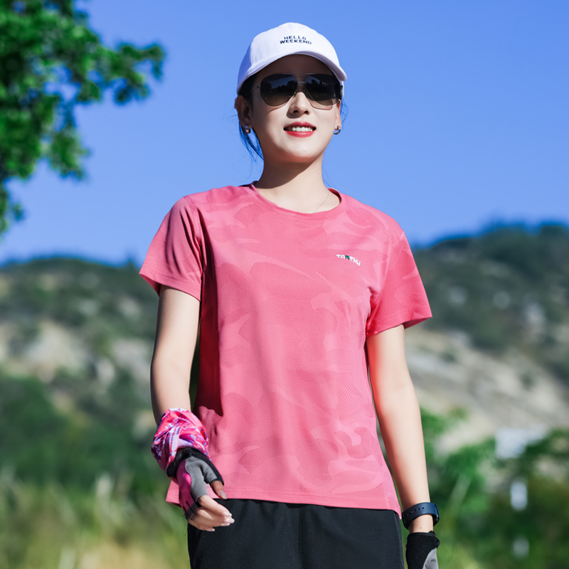 短袖女夏季薄款提花宽松百搭速干t恤休闲运动透气圆领上衣