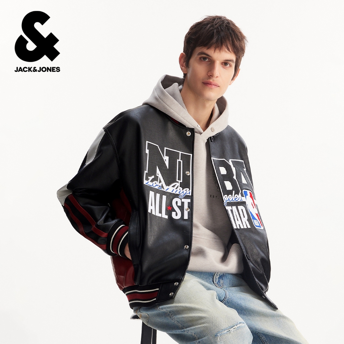 【NBA联名款】杰克琼斯男装春季夹克外套精致刺绣潮流时尚棒球领