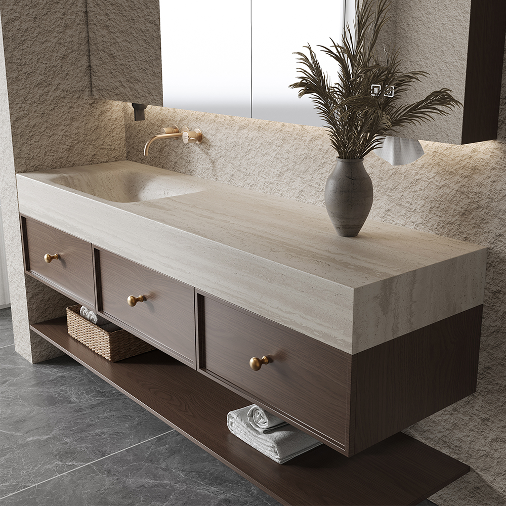 中古风岩板陶瓷无缝浴室柜组合洗漱台卫生间洗脸盆洗漱台热弯定制