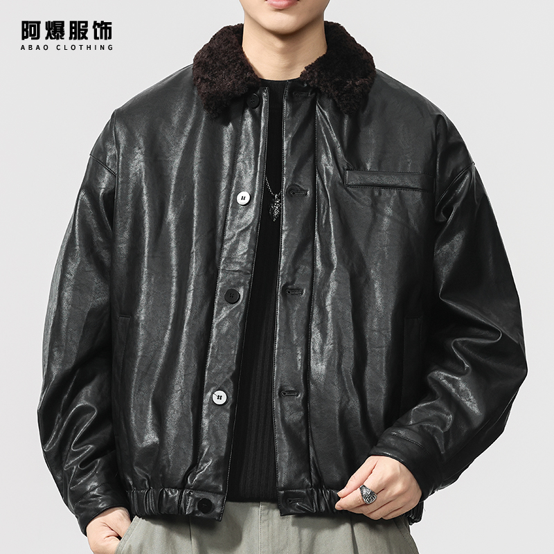 【阿爆服饰】羊羔绒毛领pu皮衣夹克男冬季复古机车保暖宽松休闲外套