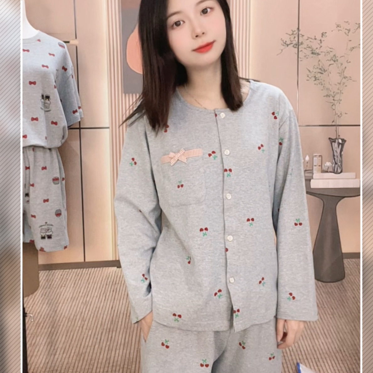 228038纯棉甜美樱桃女士睡衣家居服长袖长裤