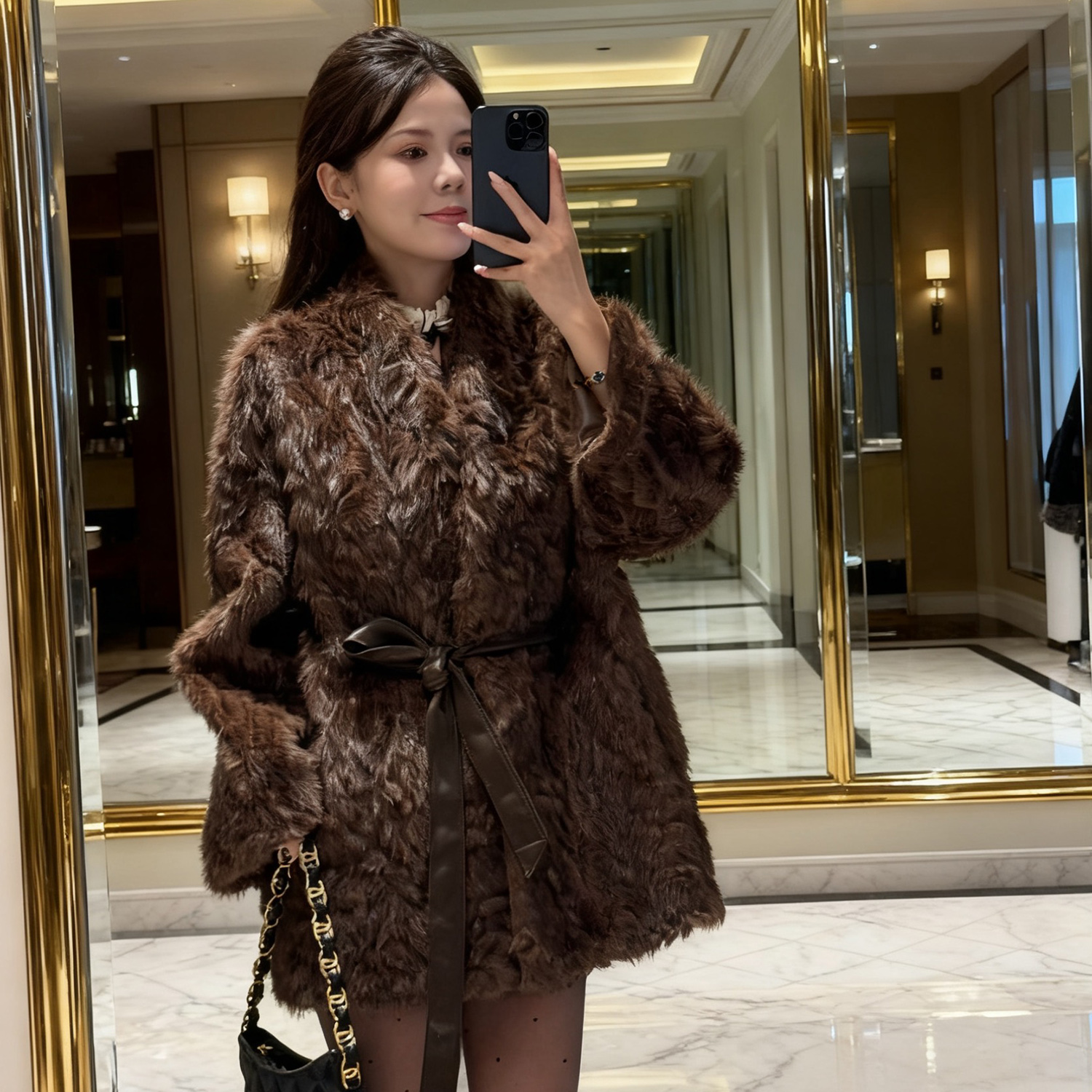 【佩佩专属】新款V领腰带款时尚休闲宽松中长款气质毛毛外套8500