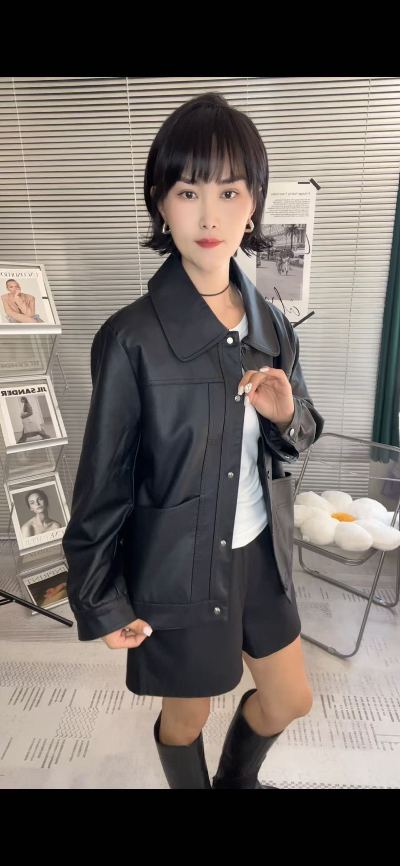 胖mm春秋2025新款水洗皮pu宽松翻领时尚休闲宽松百搭女外套