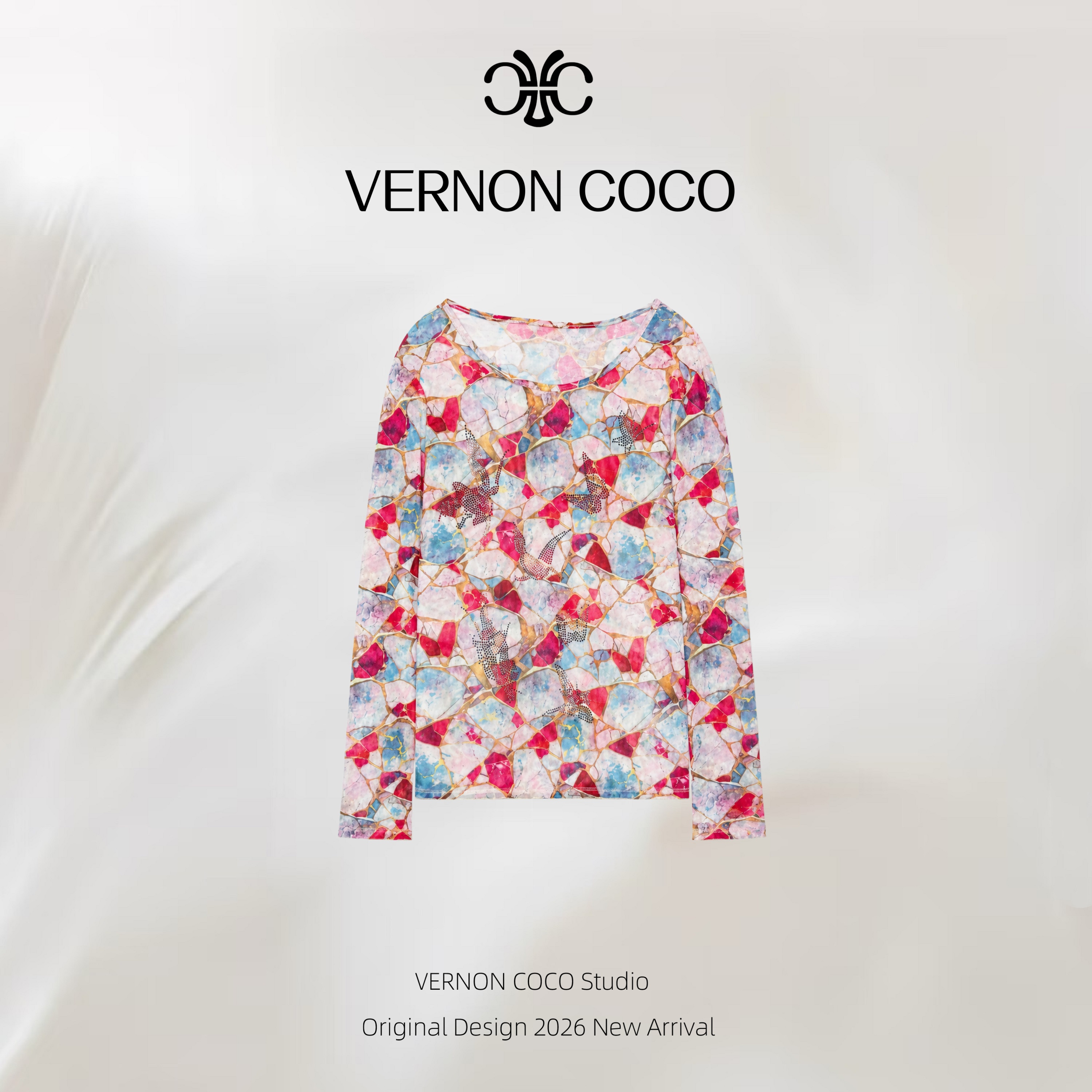 【VERNON COCO】Y30夏季原创琉璃彩石印花防晒时尚打底衫VC1148