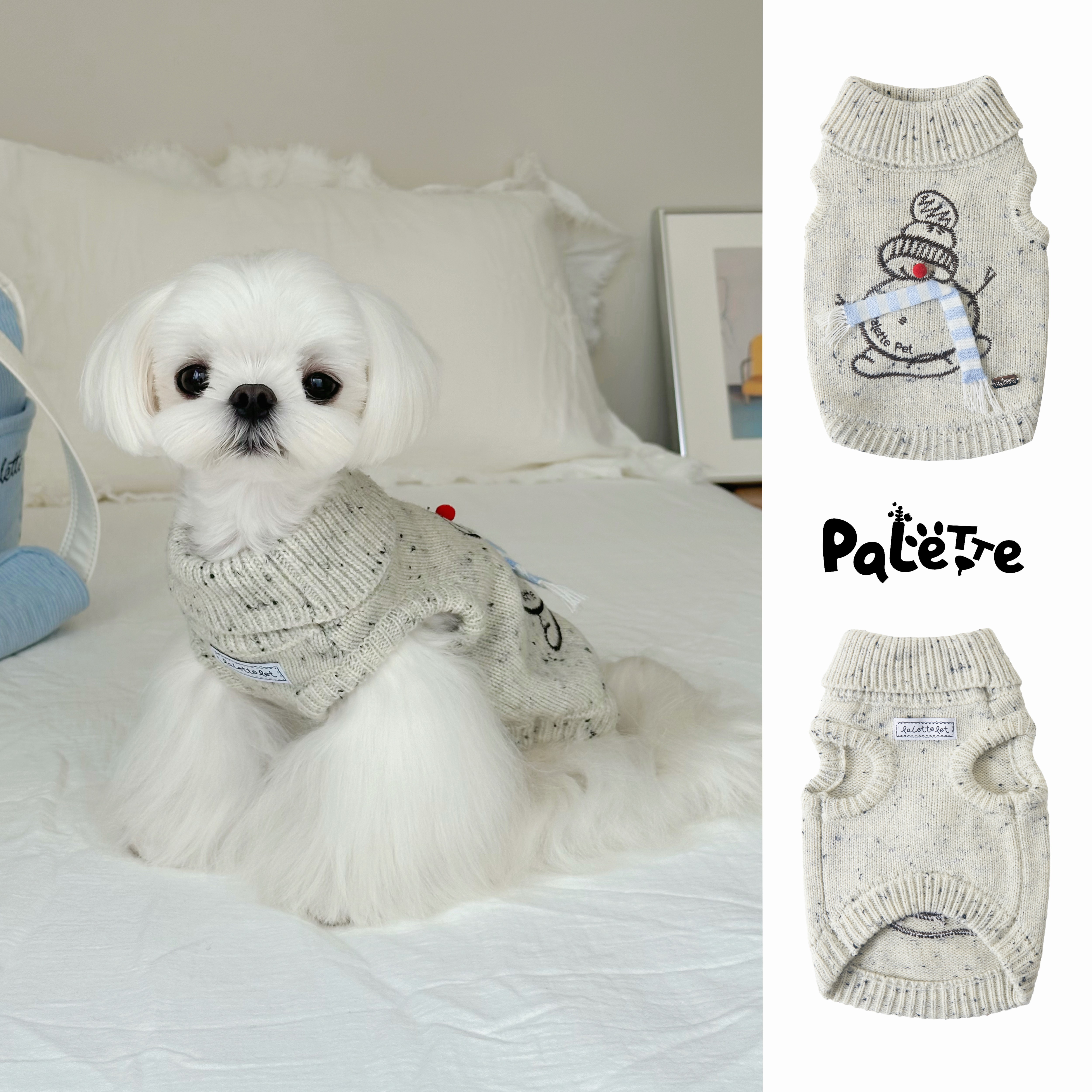PalettePet秋冬宠物服装猫咪狗狗雾绒白手工刺绣雪人翻领无袖毛衣