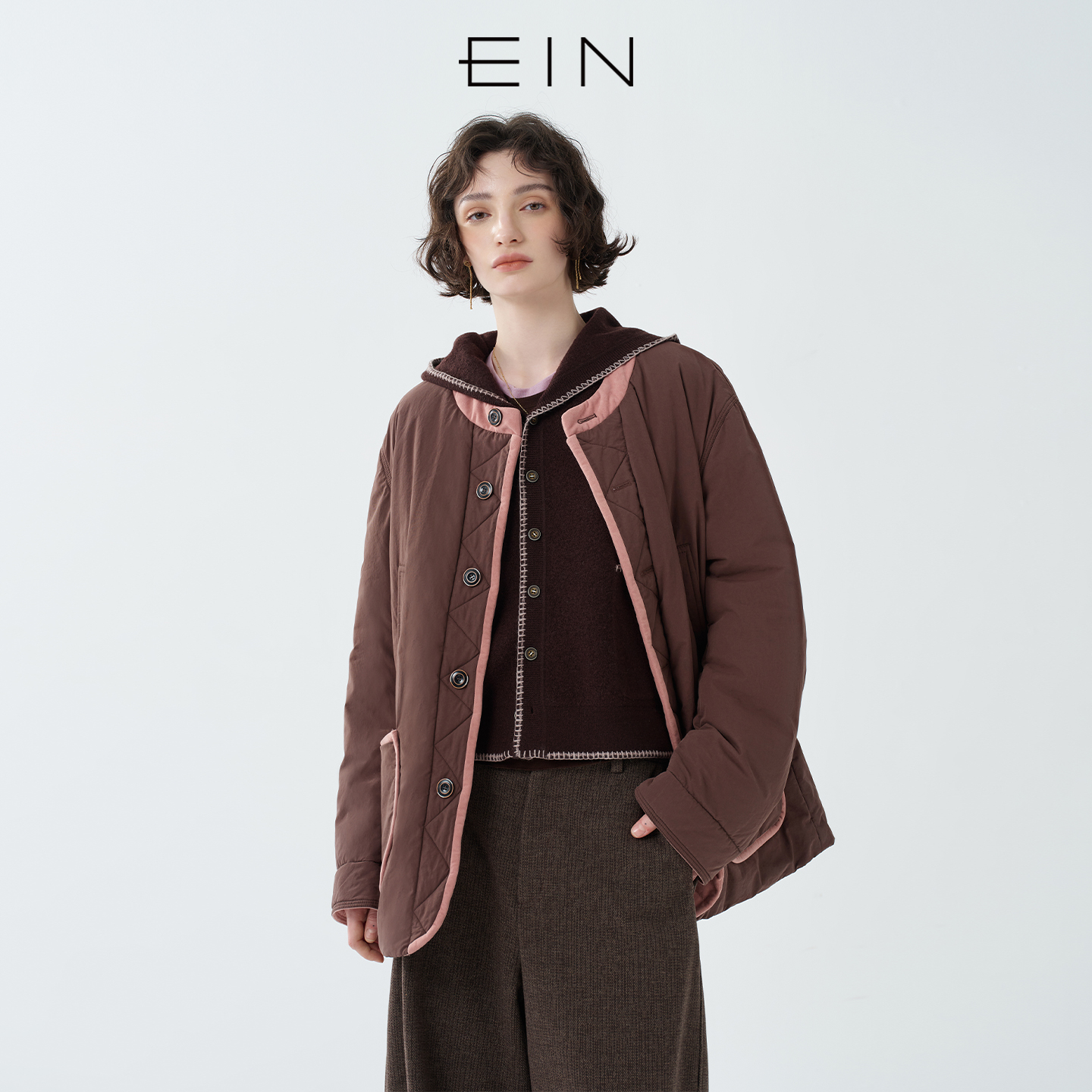 EIN/言少女巴恩风厚撞料包边休闲中长棉服外套2025秋冬新款