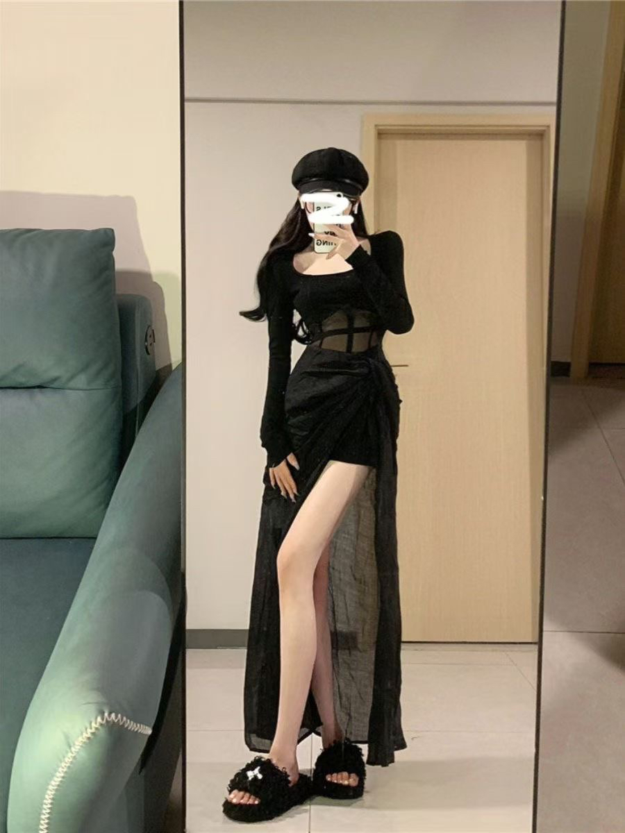 小白家赫本小黑裙礼服高端轻奢黑色网纱鱼骨长袖连衣裙3529