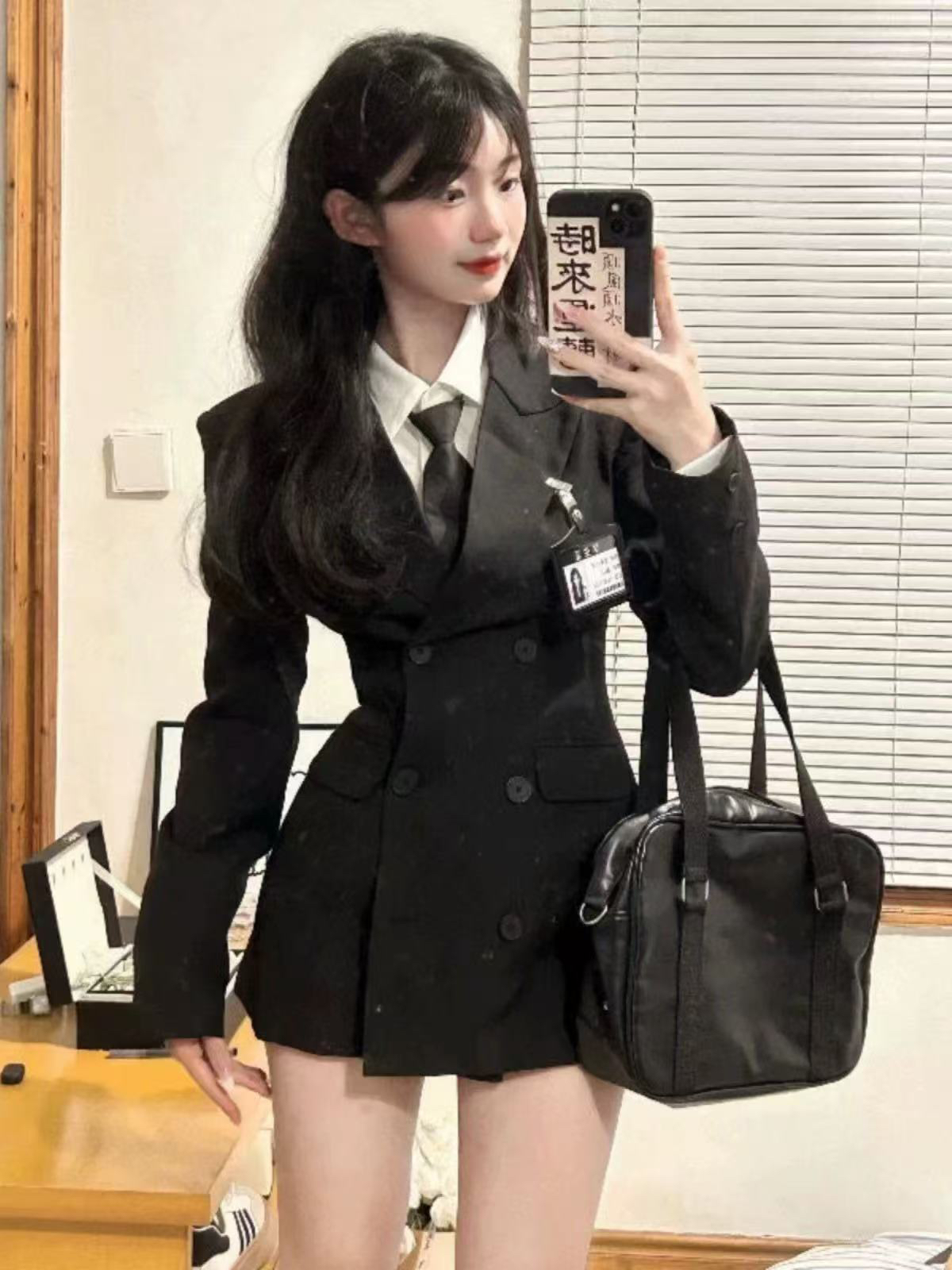 大码胖mm学院风西装外套+衬衫领带女春秋辣妹短裙jk制服三件套装