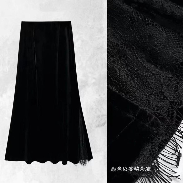 黑色丝绒半身裙女秋冬新款设计感蕾丝拼接高腰显瘦开叉A字包臀裙