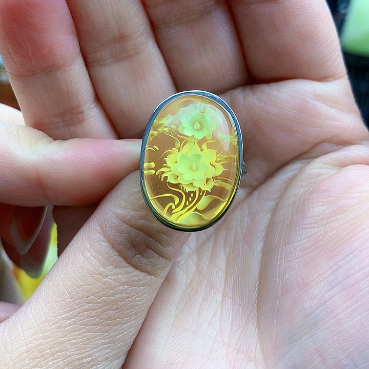 琥珀裸石银S925镶嵌戒指