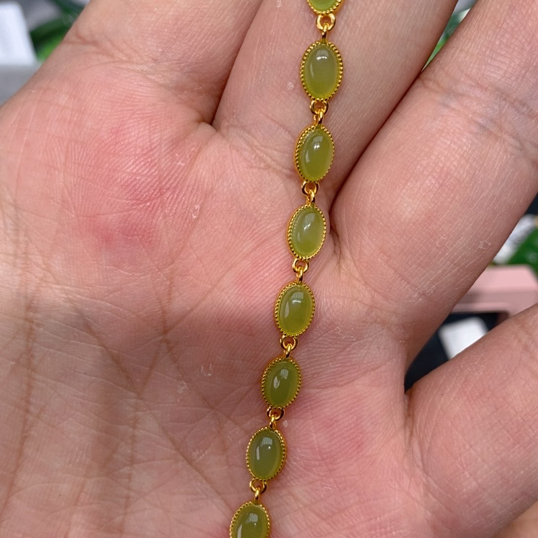 和田玉（碧玉）手链银S925镀金镶嵌