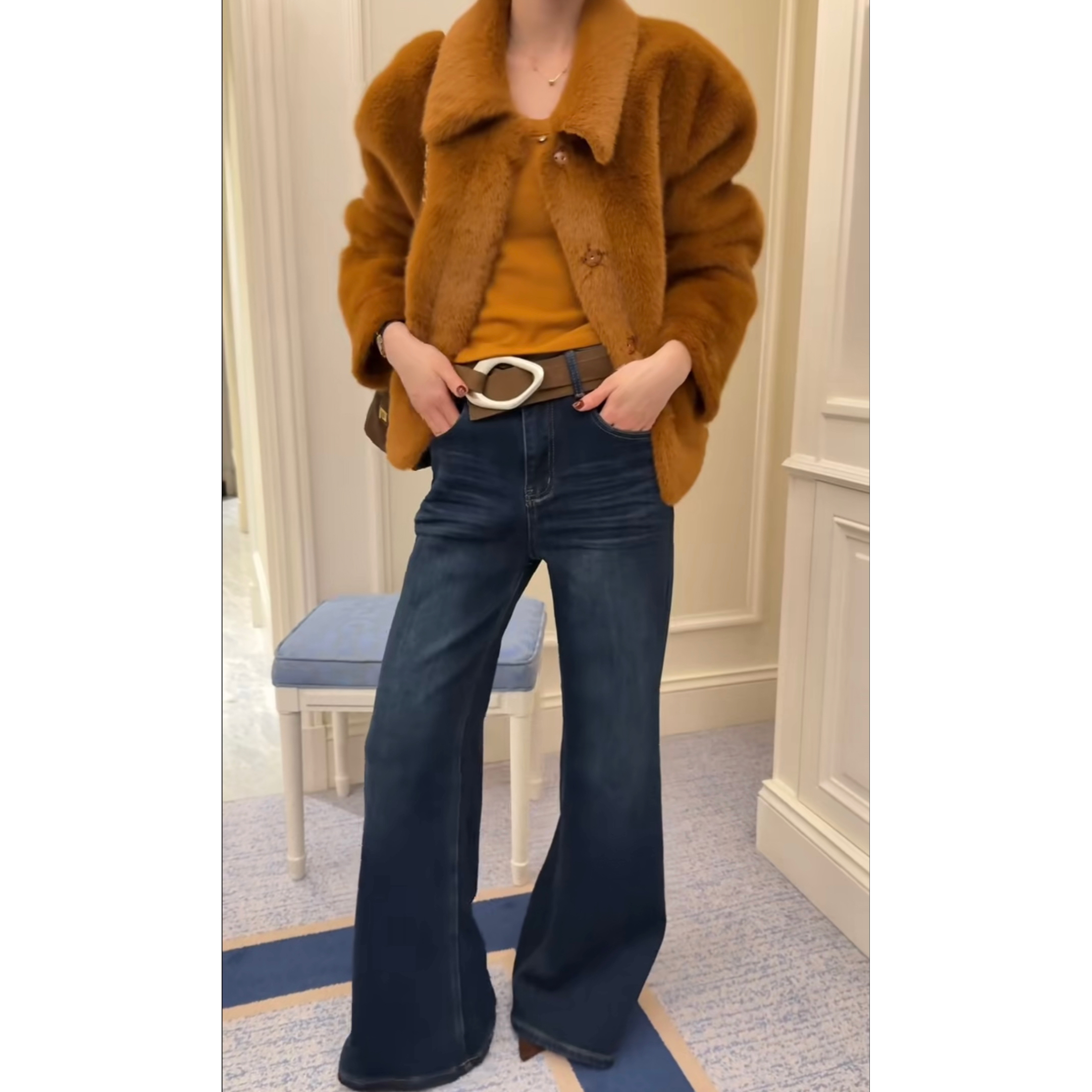 【DZP】小细腿！复古中高腰加绒微喇水洗牛仔裤