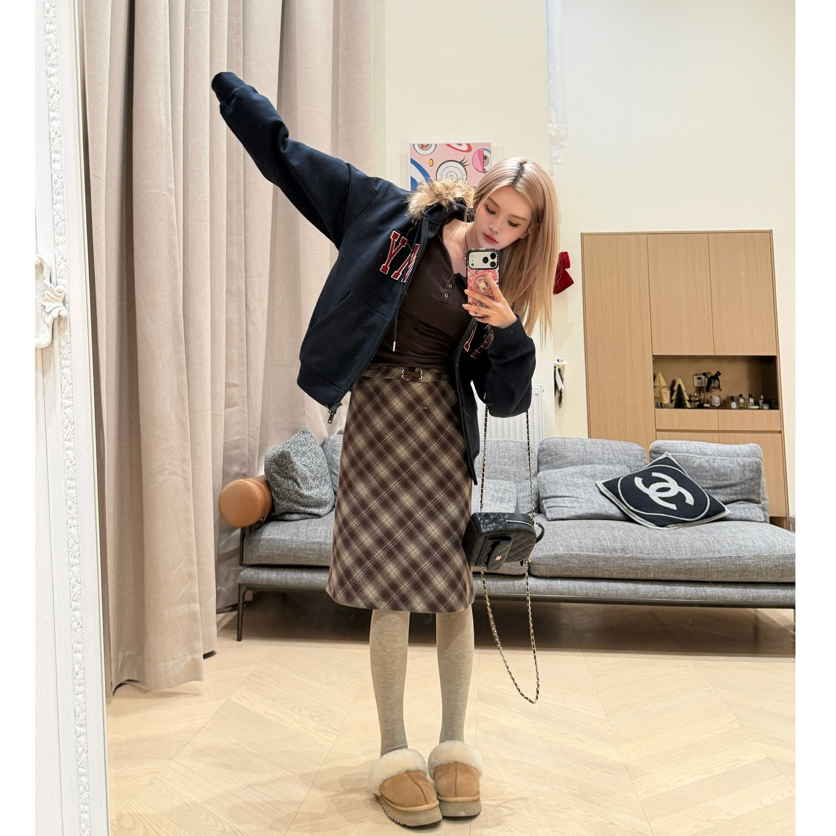 MungsEra 棕色系格纹半身裙/长裙