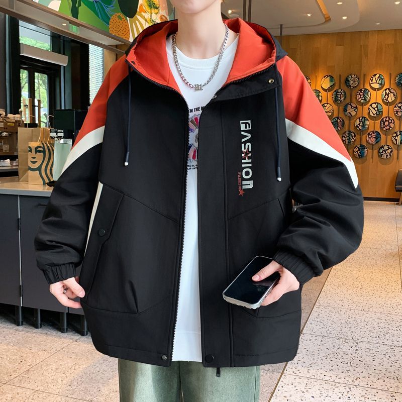 秋季新款连帽外套时尚潮流帅气印花夹克青少年百搭学生宽松上衣男
