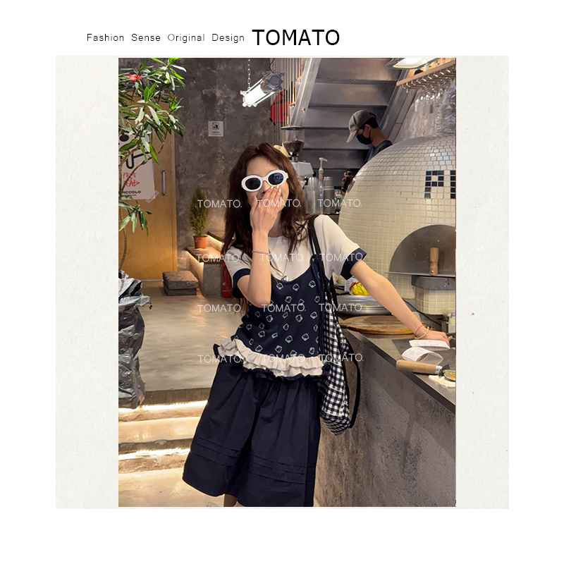 【TomaTo】舒芙蕾 夏季甜美KT花边下摆小猫印花假两件短袖C25T04253