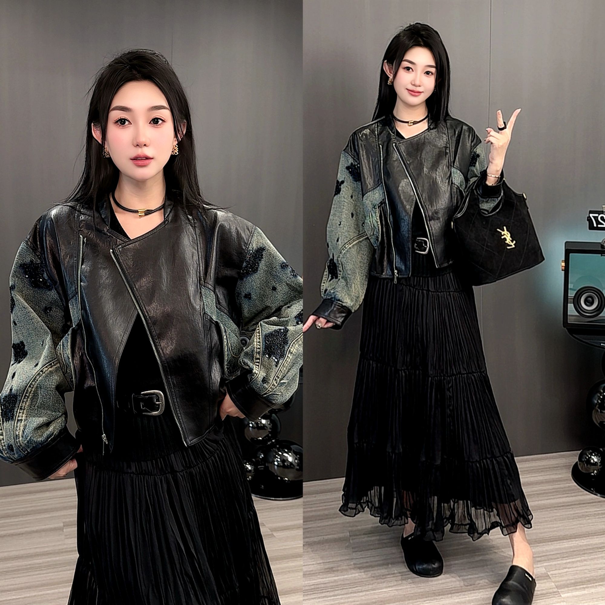 欧洲站女潮牛仔外套女秋季2025新款拼皮复古短款拉链夹克上衣