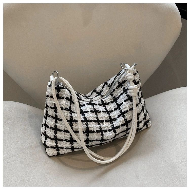 日韩见外包装腋下包休闲风单肩包拉链格子托特包格纹