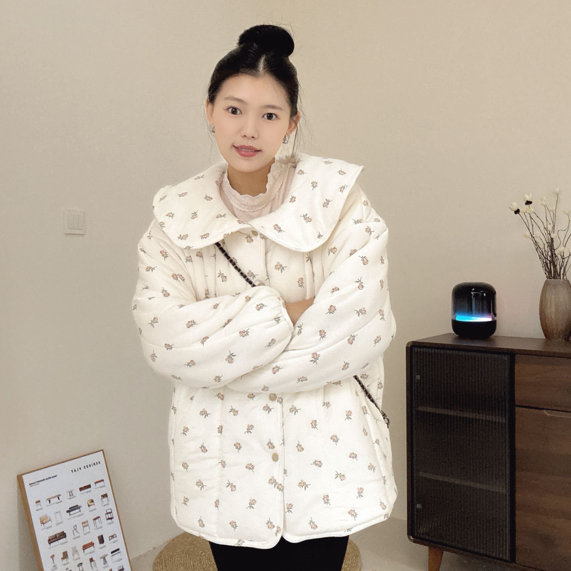 【提花玫瑰】300g娃娃领半大款棉花衣宽松家居服冬季女保暖棉衣棉服