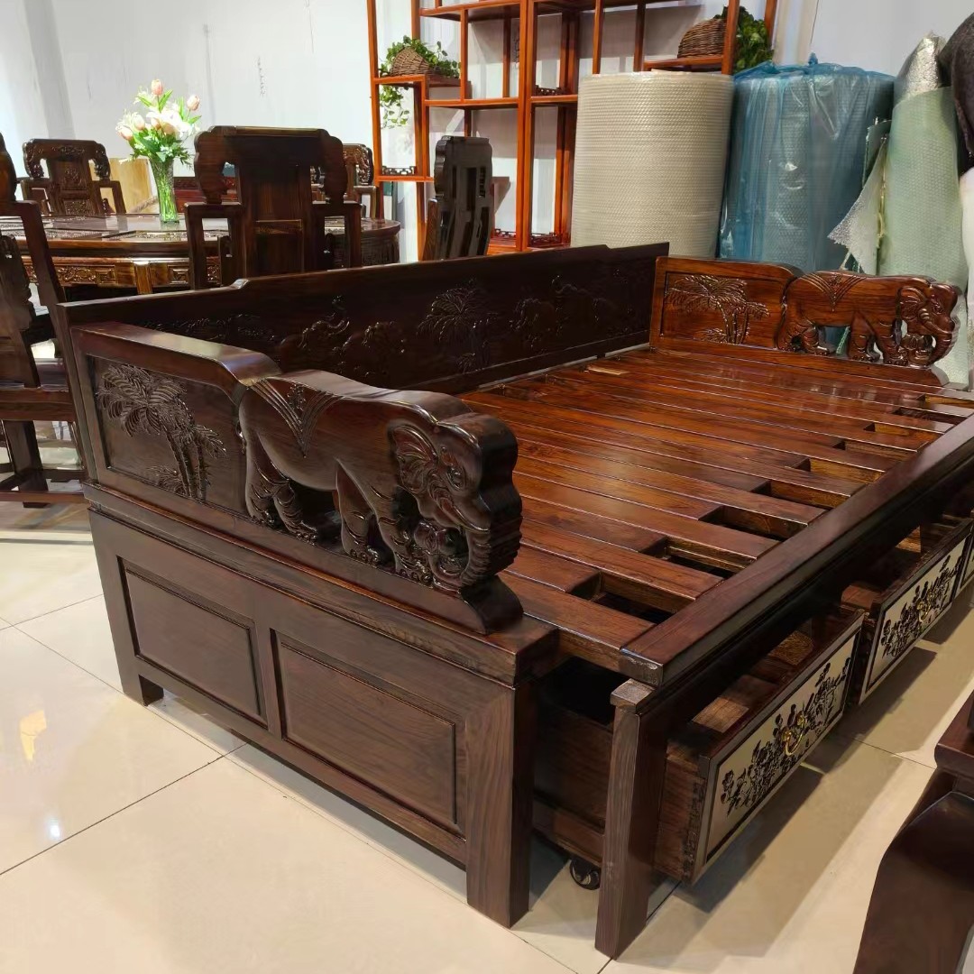 老榆木罗汉床实木大象推拉罗汉床精品大象扶手款推拉罗汉床全原木